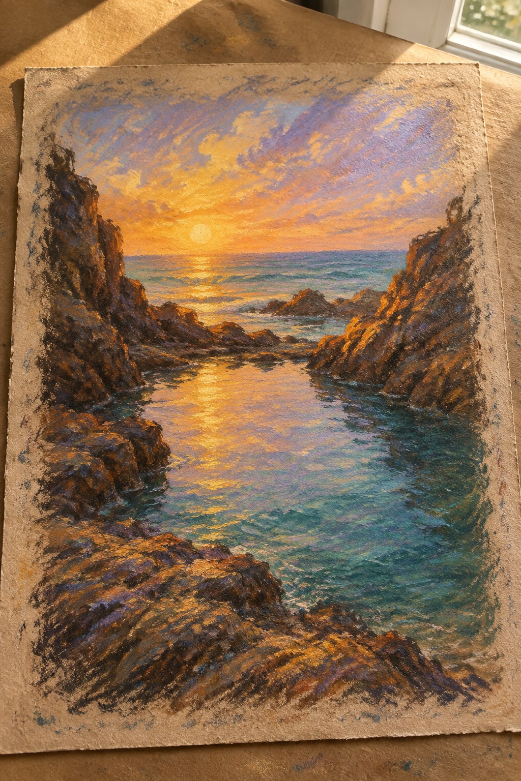 Colorful impressionist painting of sunset over ocean framed by rocky cliffs