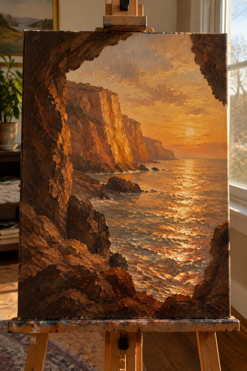 Oil painting of golden sunset over ocean cliffs on wooden easel with rugged edges