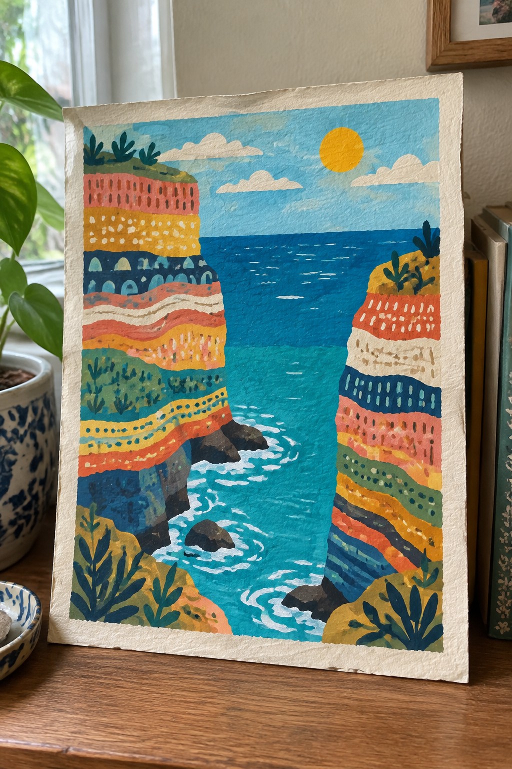 Vibrant striped cliffs flank turquoise sea under yellow sun in patterned painting.
