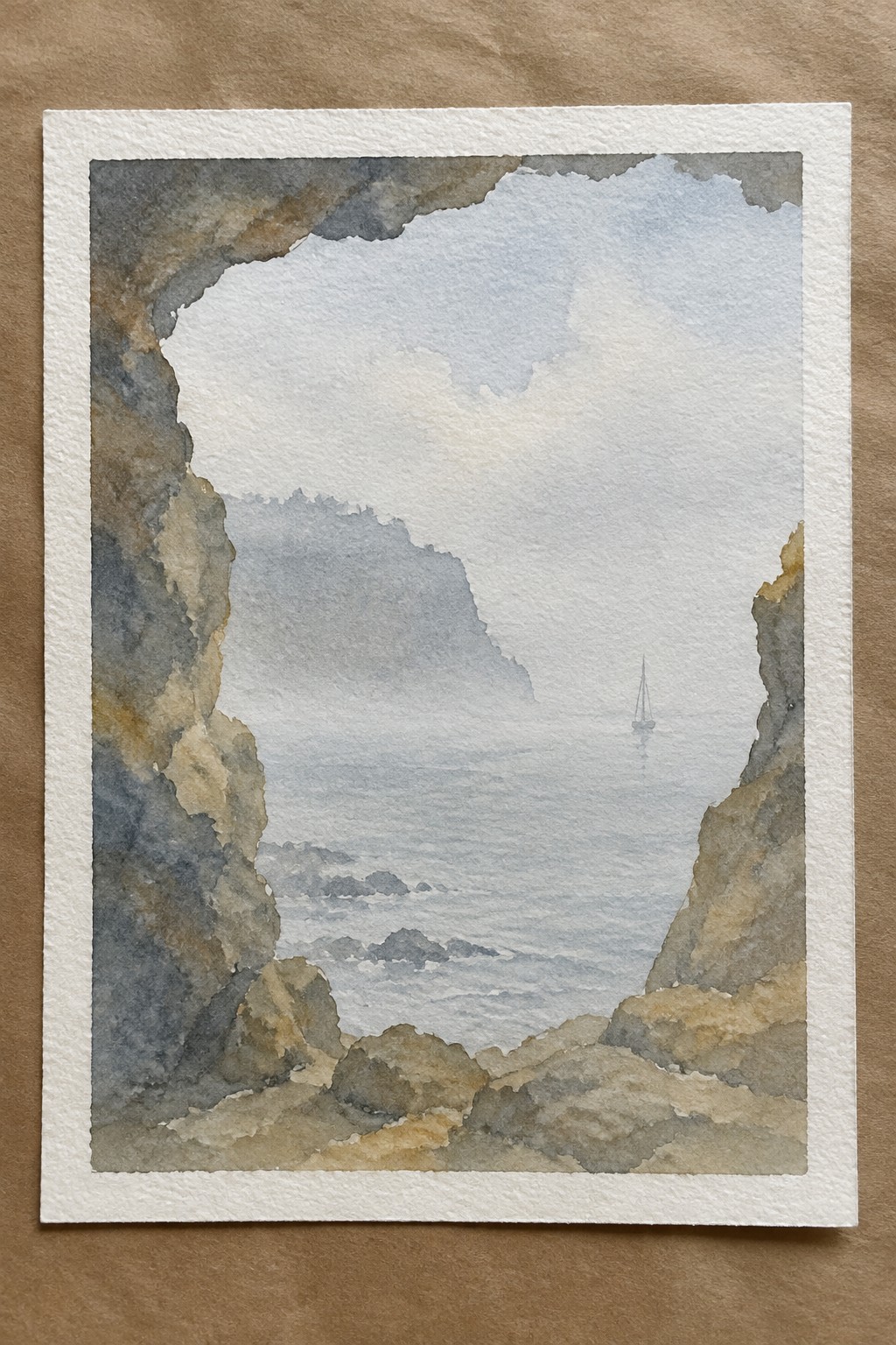 Watercolor seascape of rocky cliffs framing misty ocean with distant sailboat