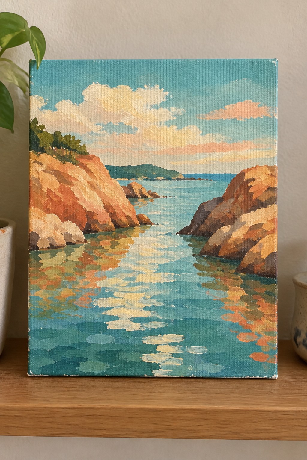 Vibrant painting of rocky coastline with turquoise water and colorful sky on wooden shelf