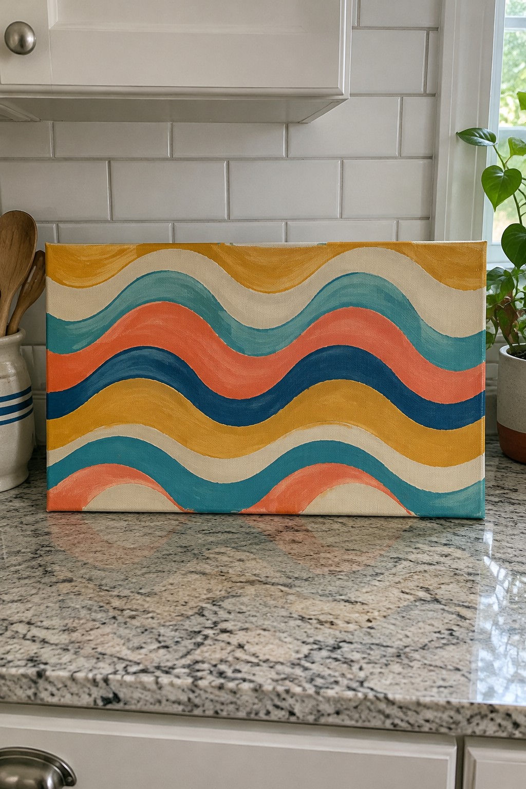 Colorful wavy abstract painting with yellow, teal, orange, and blue stripes on canvas