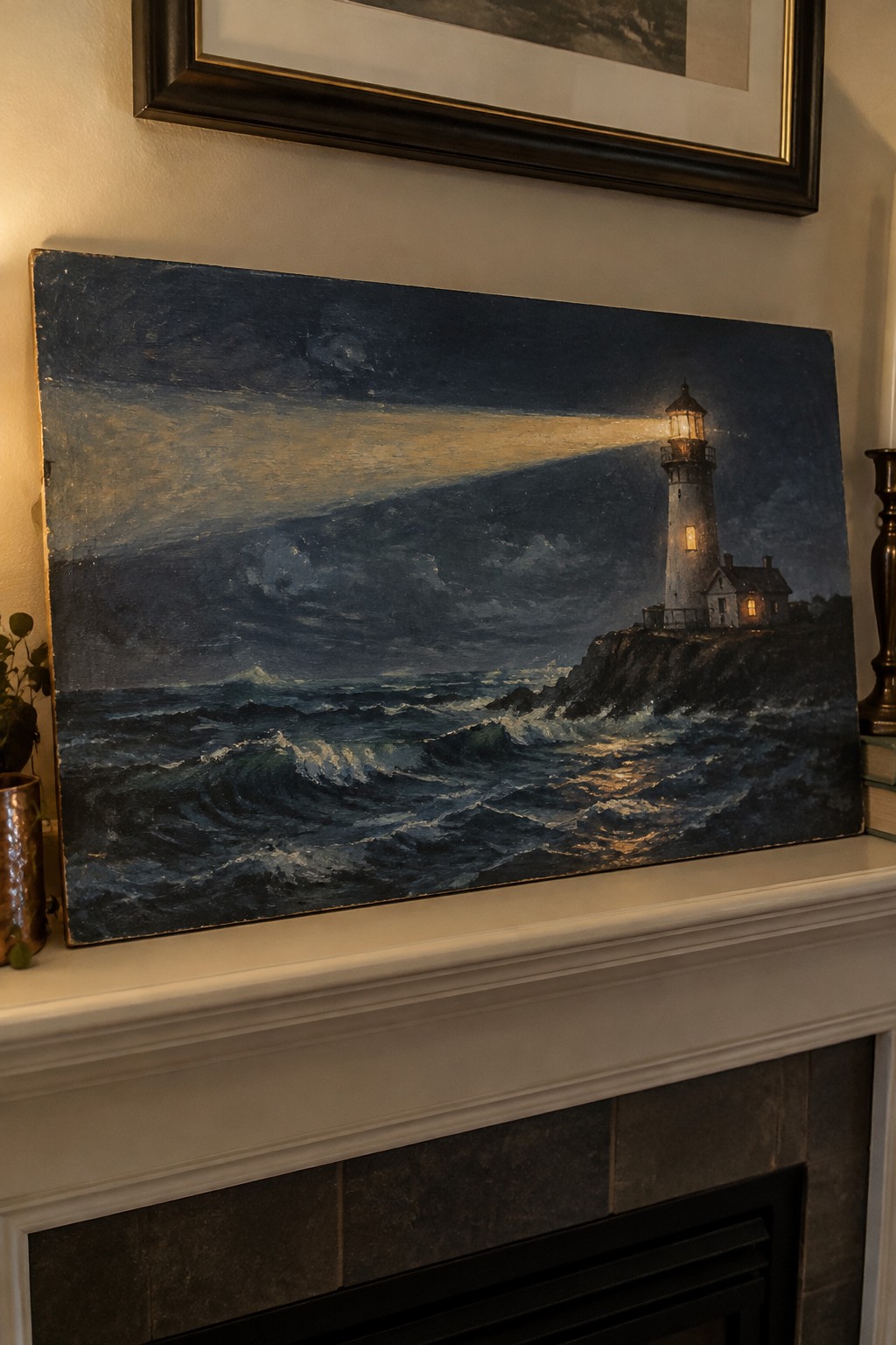 Realistic oil painting of lighthouse beaming over stormy waves on white fireplace mantel