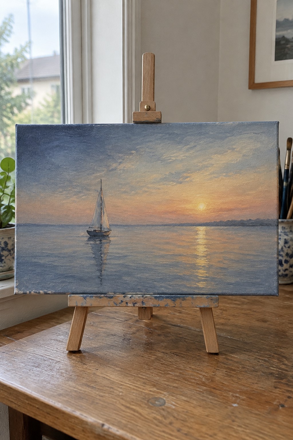 Sailboat at sunset painting on wooden easel atop rustic table by window