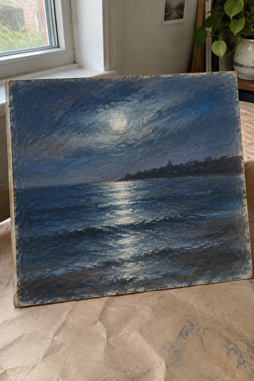 A horizontal canvas painting of a moonlit ocean at night showing waves with white reflections, a bright moon in cloudy sky, and a dark distant shoreline.