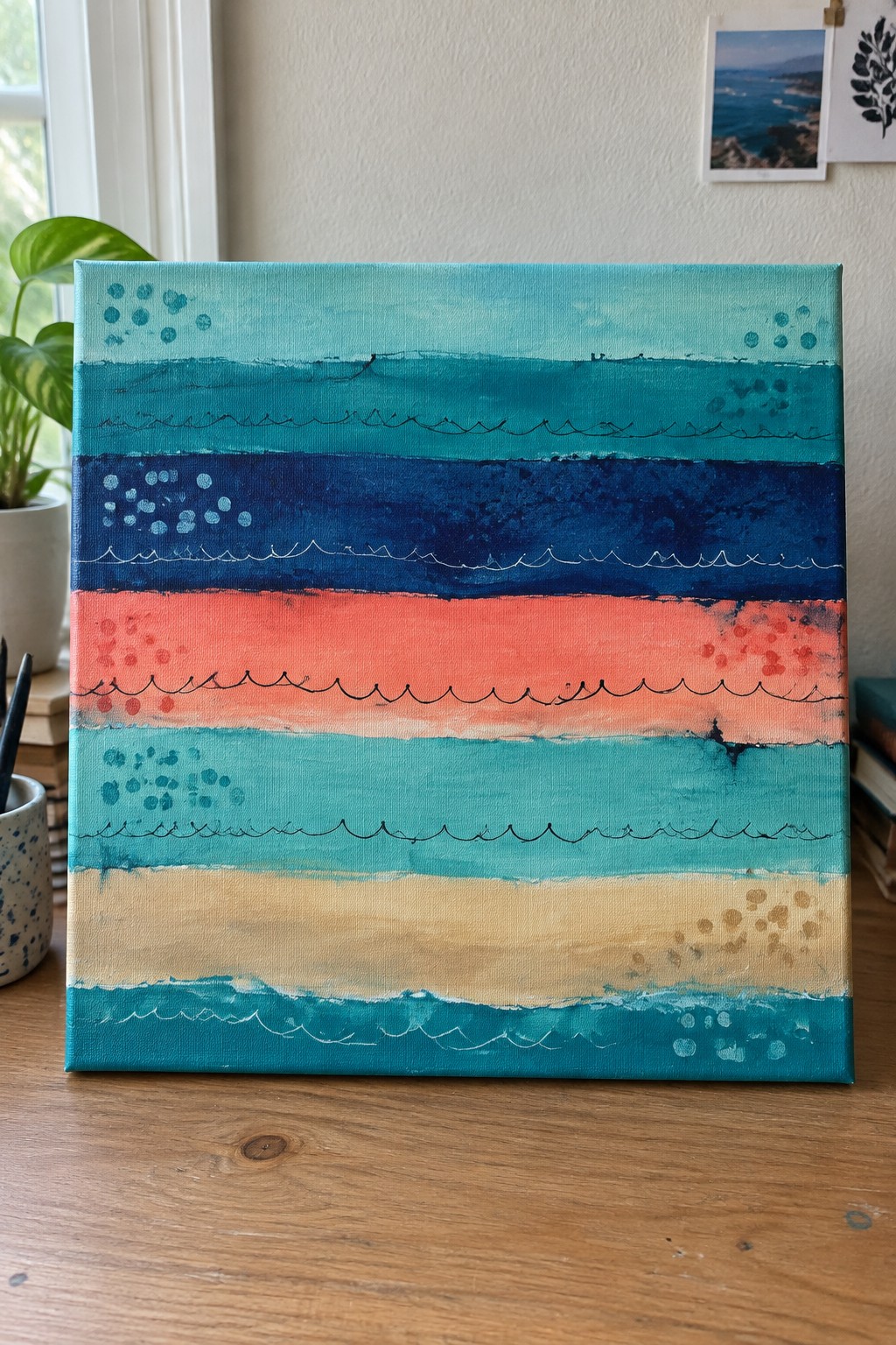 Horizontal canvas with stacked bands of teal, dark blue, coral, light teal, and beige, plus black wavy lines and scattered dots.