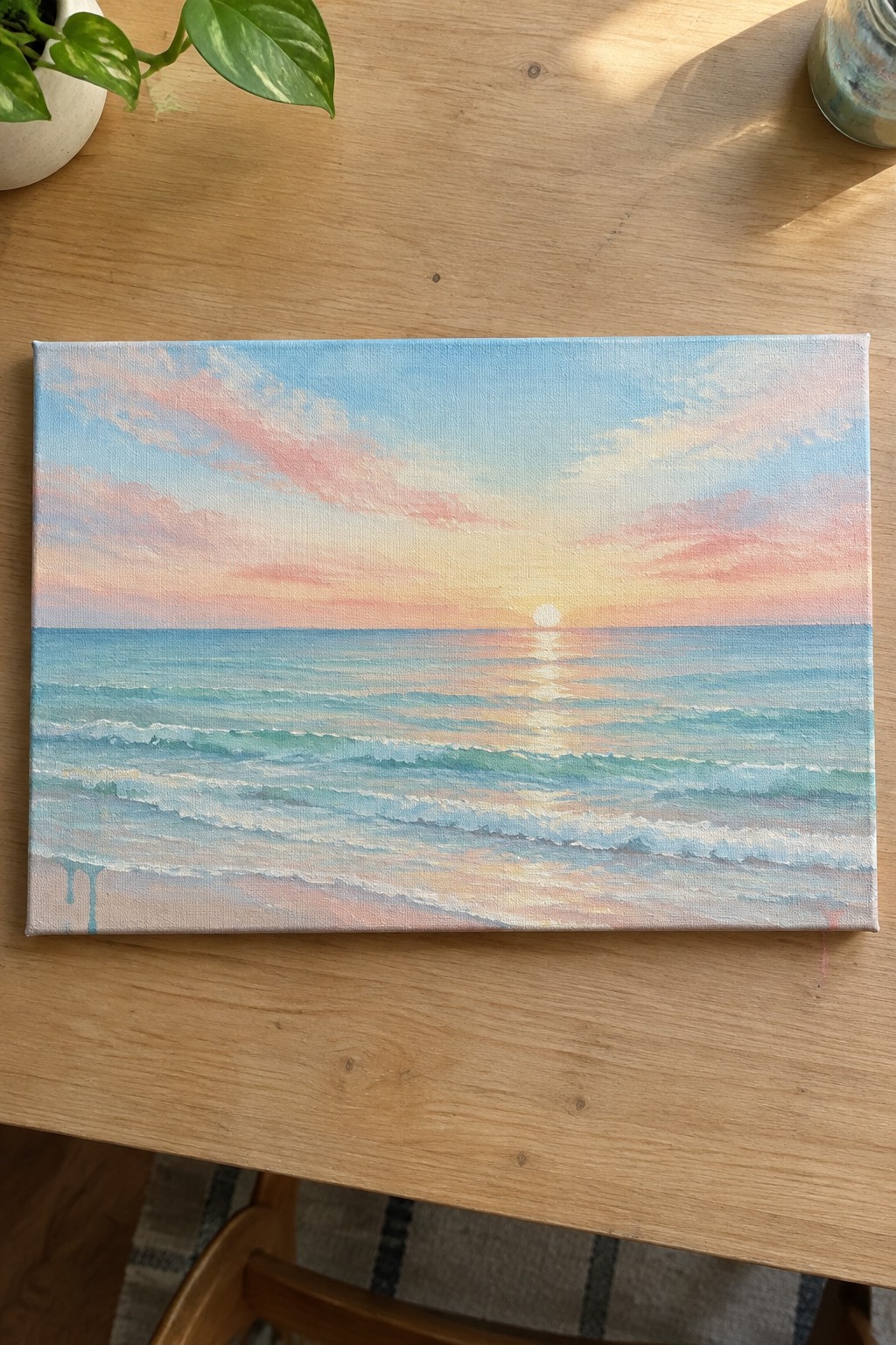 Colorful sunset over ocean waves painted on canvas atop wooden table with plant.