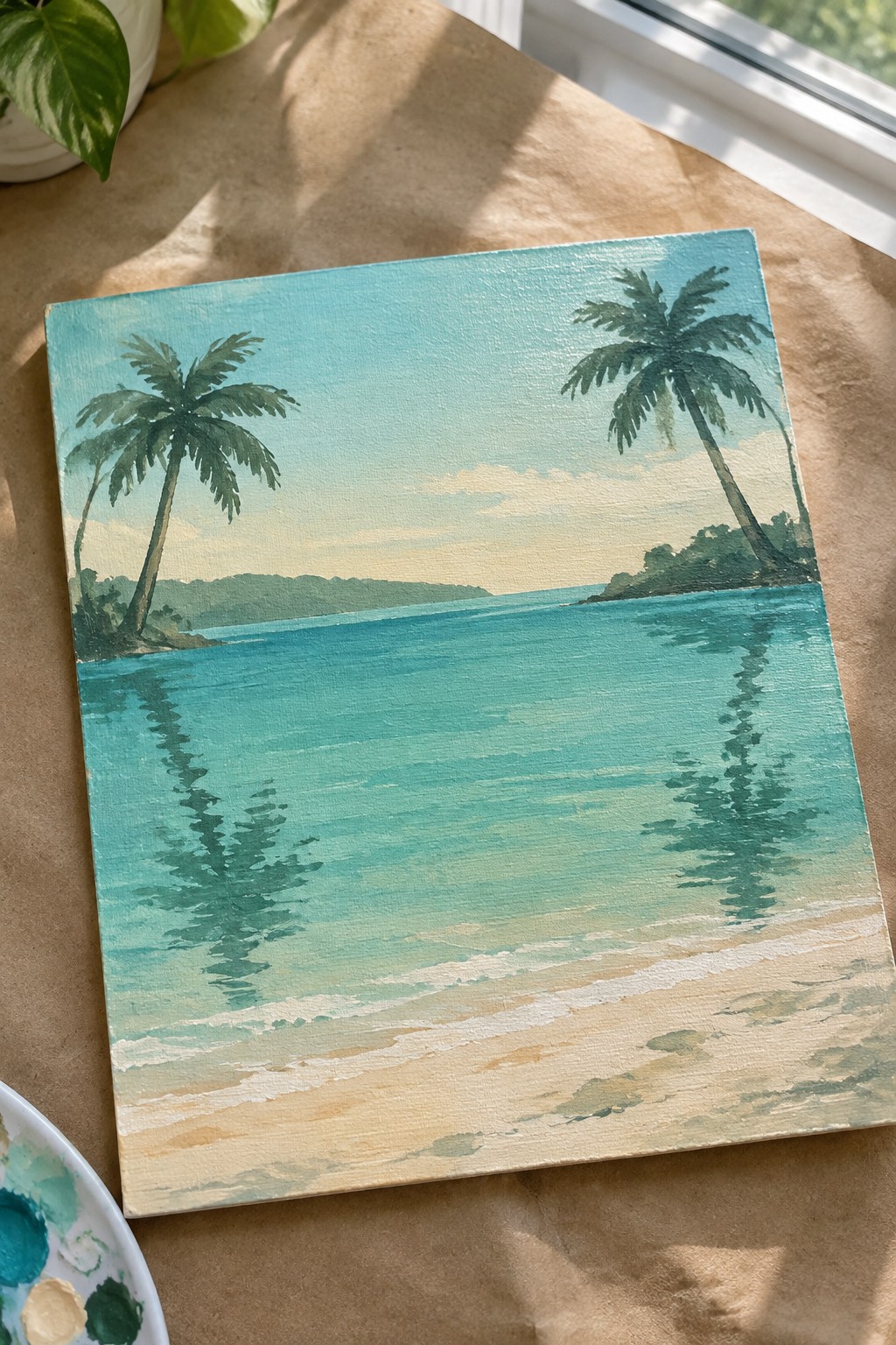 Canvas painting of turquoise ocean, palm trees, and sandy tropical beach