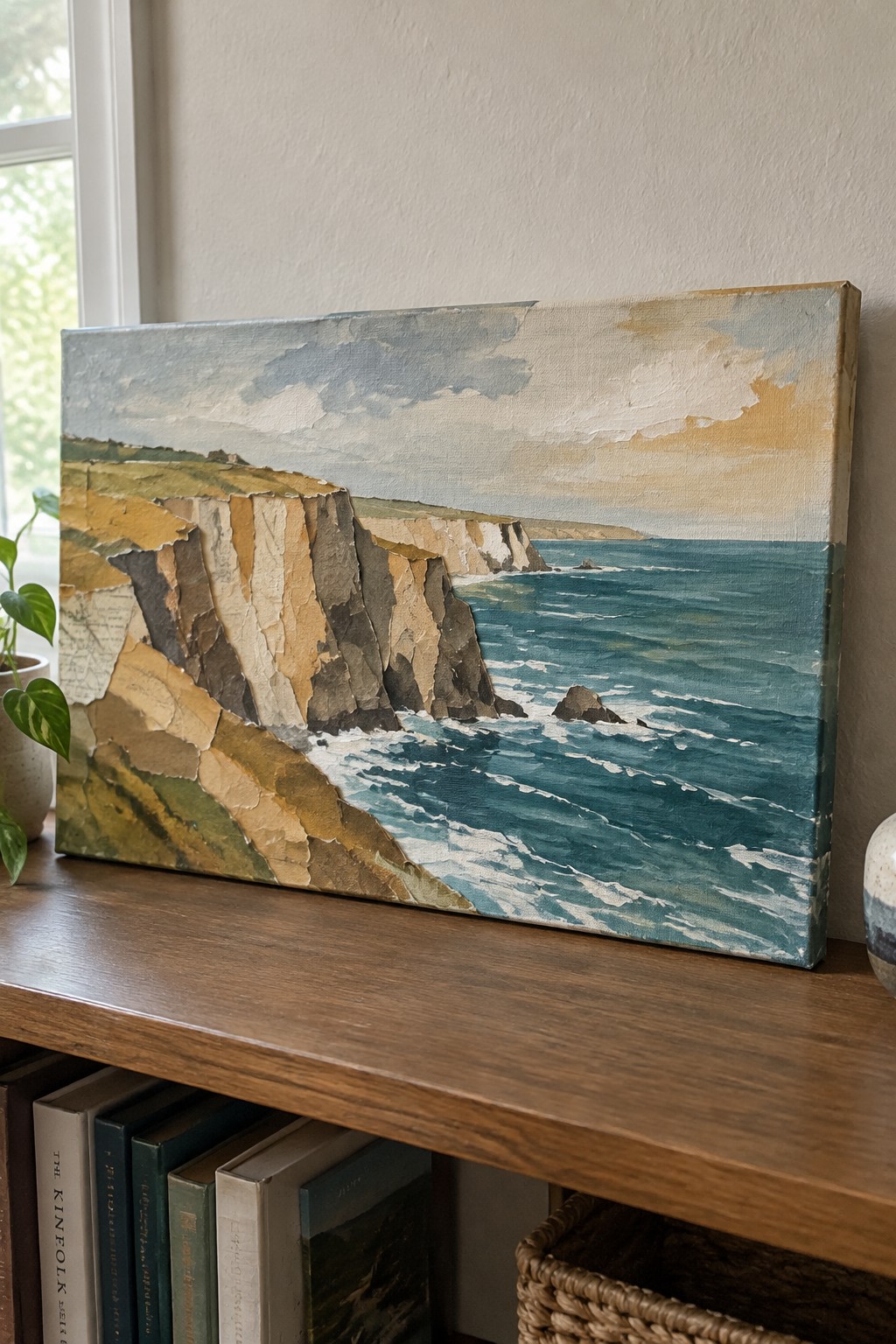 Painting of jagged cliffs and blue ocean waves on wooden bookshelf with books