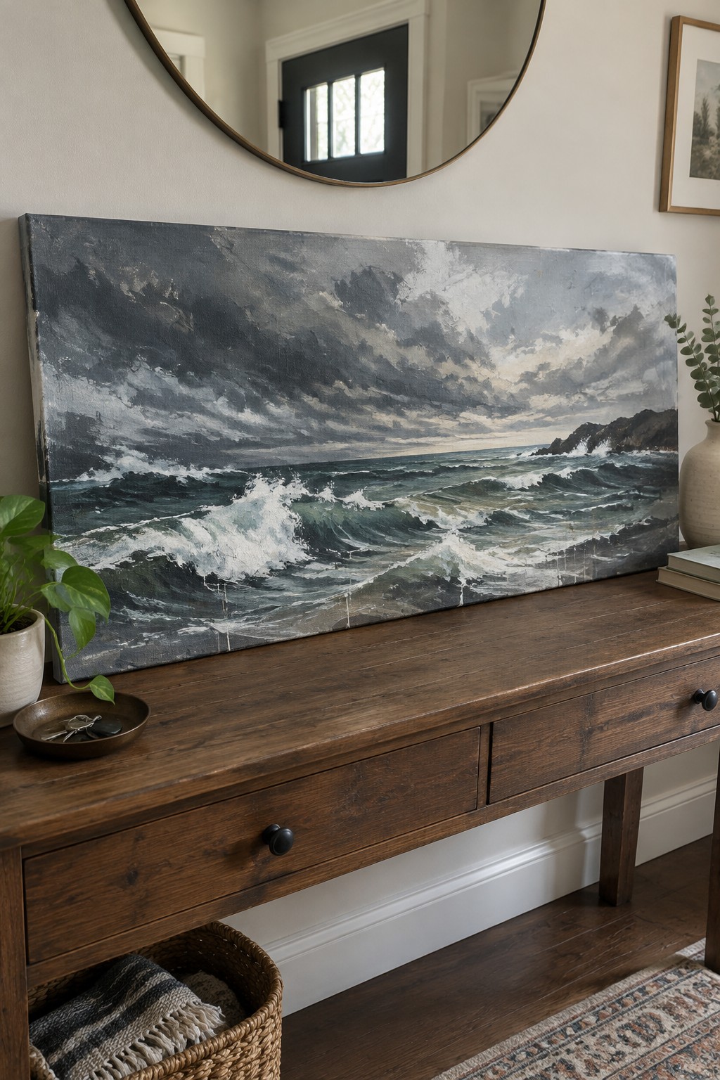 Stormy seascape painting on wooden console table under round mirror with plants.