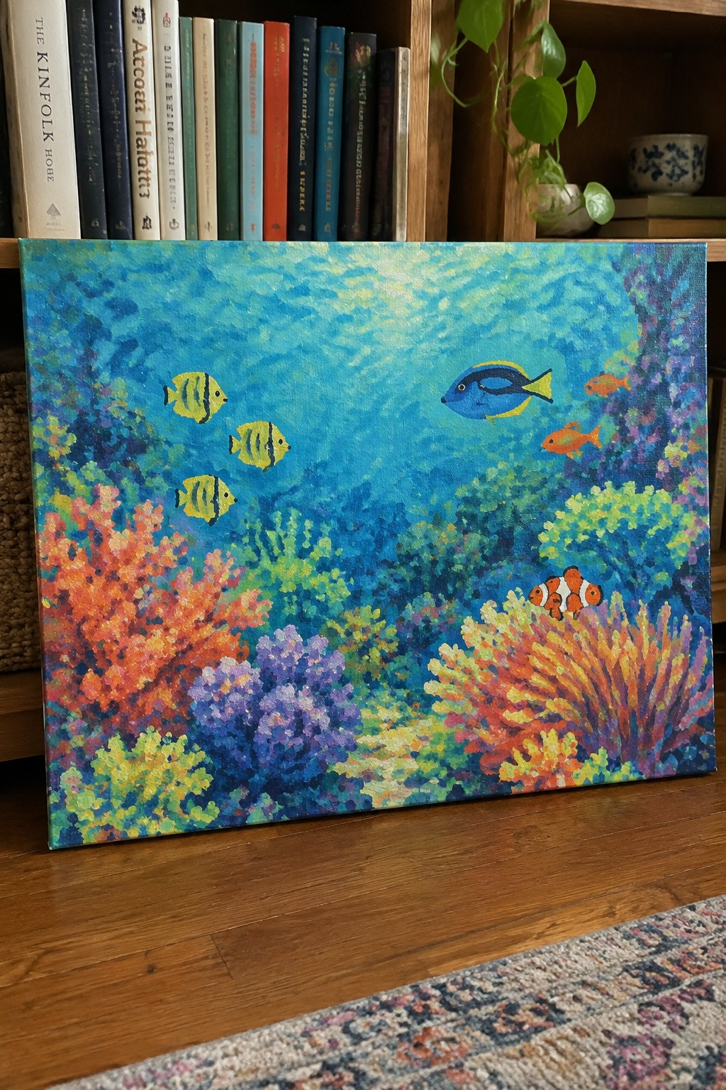 Vibrant painting of tropical fish swimming among colorful coral reefs on wooden floor