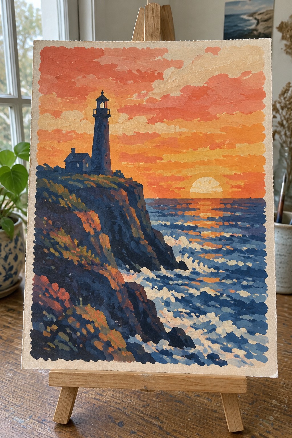 Thickly textured painting of lighthouse on cliff with orange sunset reflecting on ocean waves