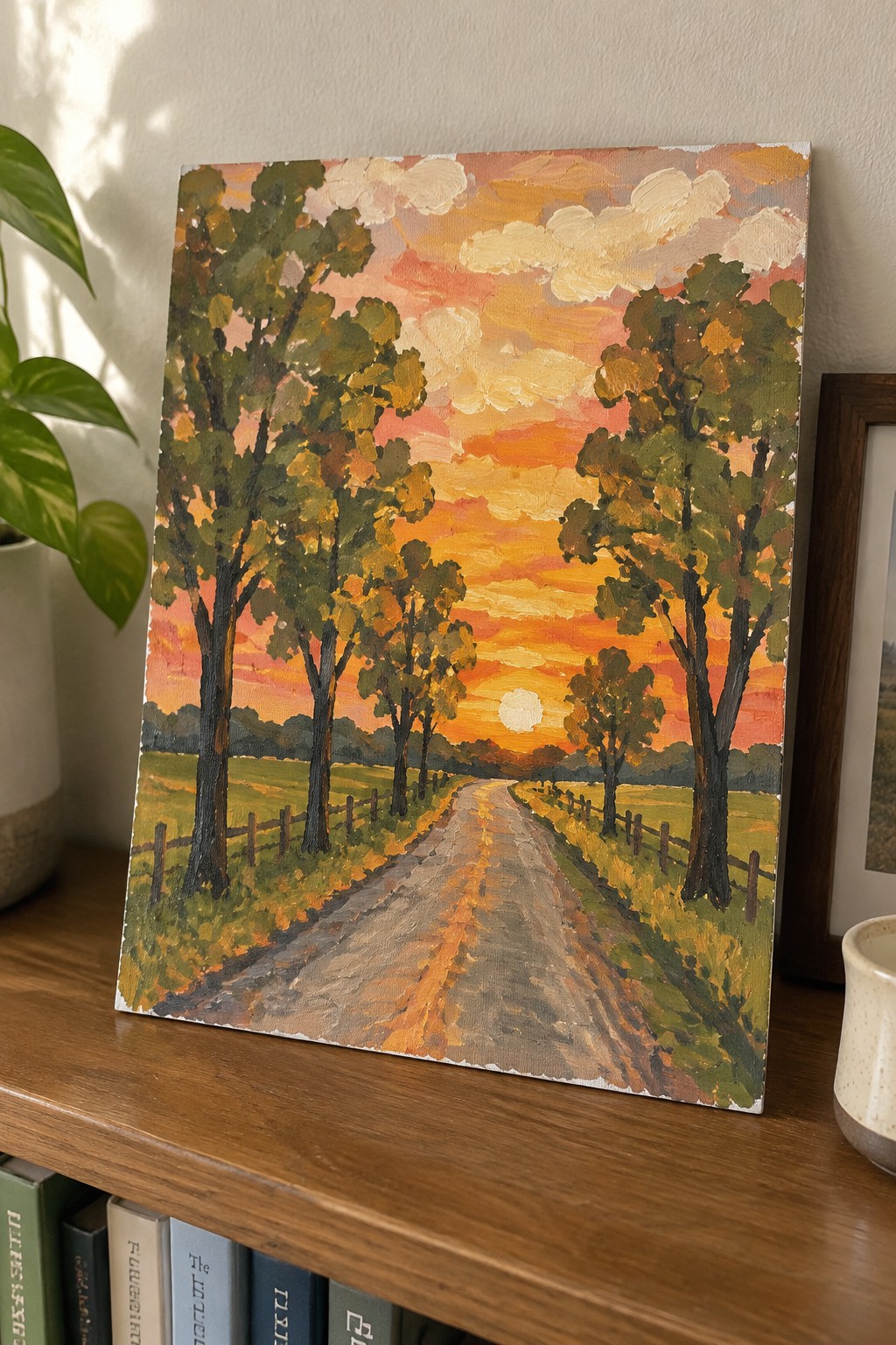 An acrylic or oil painting of a straight country road at sunset, lined with trees and fences, with the sun low on the horizon.