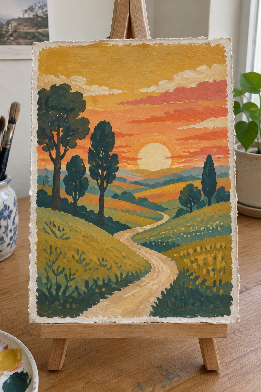 A painting of a sunset over rolling hills with a winding path, silhouetted trees, and fields in warm yellows and oranges.