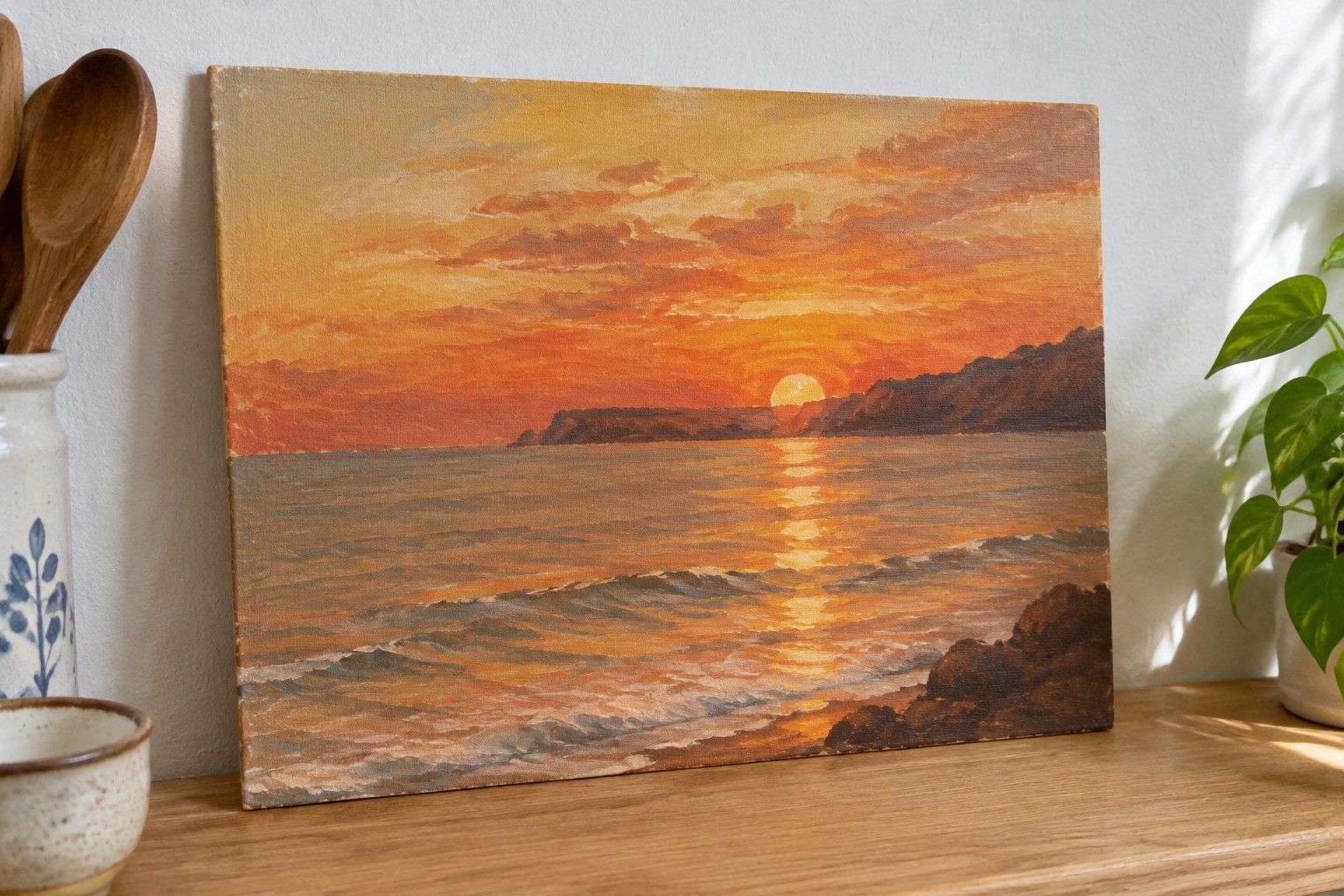 A painting of an orange sunset over the ocean with waves, rocks in the foreground, and cliffs on the right.