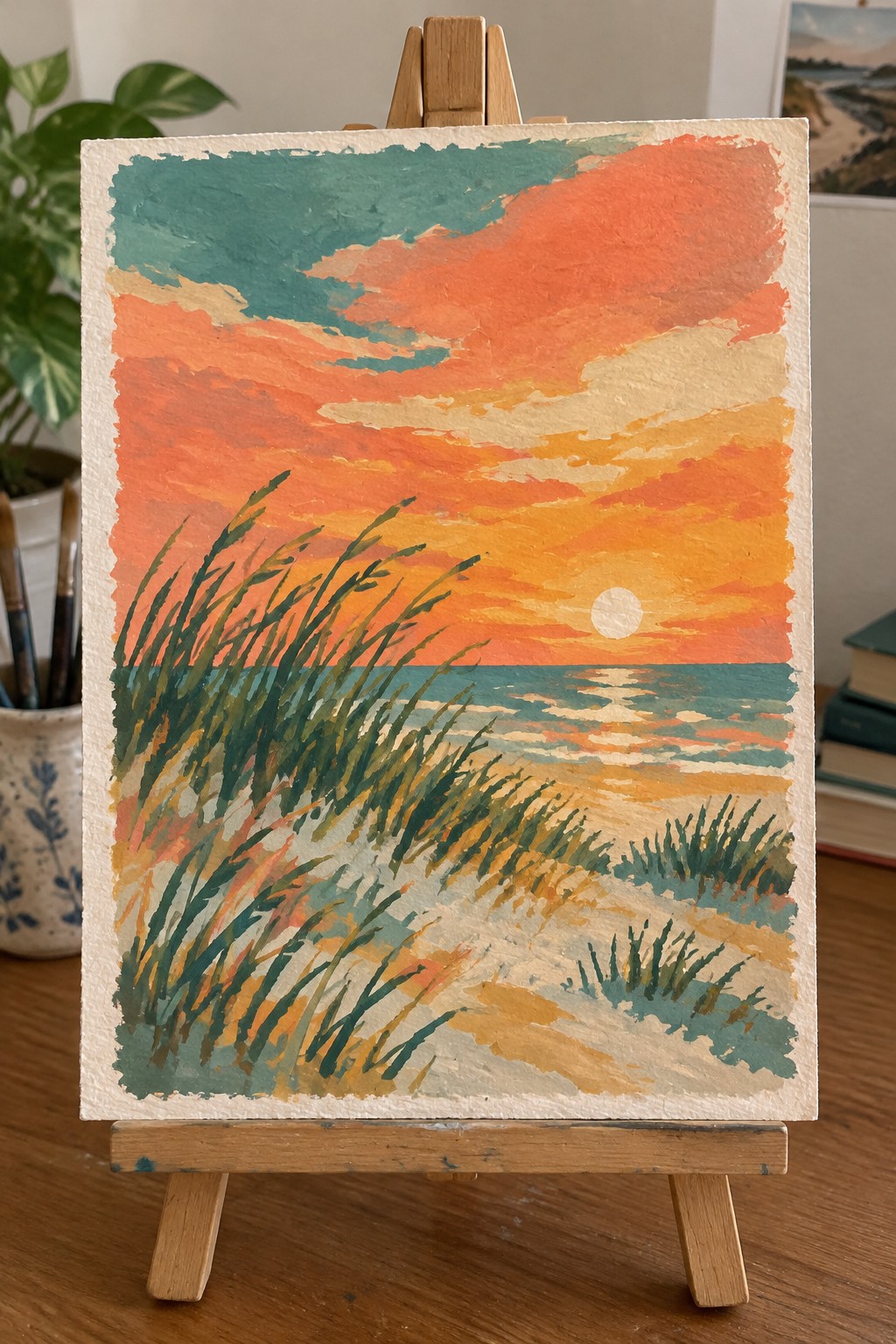 A painting on a wooden easel depicts a sunset over the ocean with tall green and brown grasses in the foreground and a small white sun above the teal water.