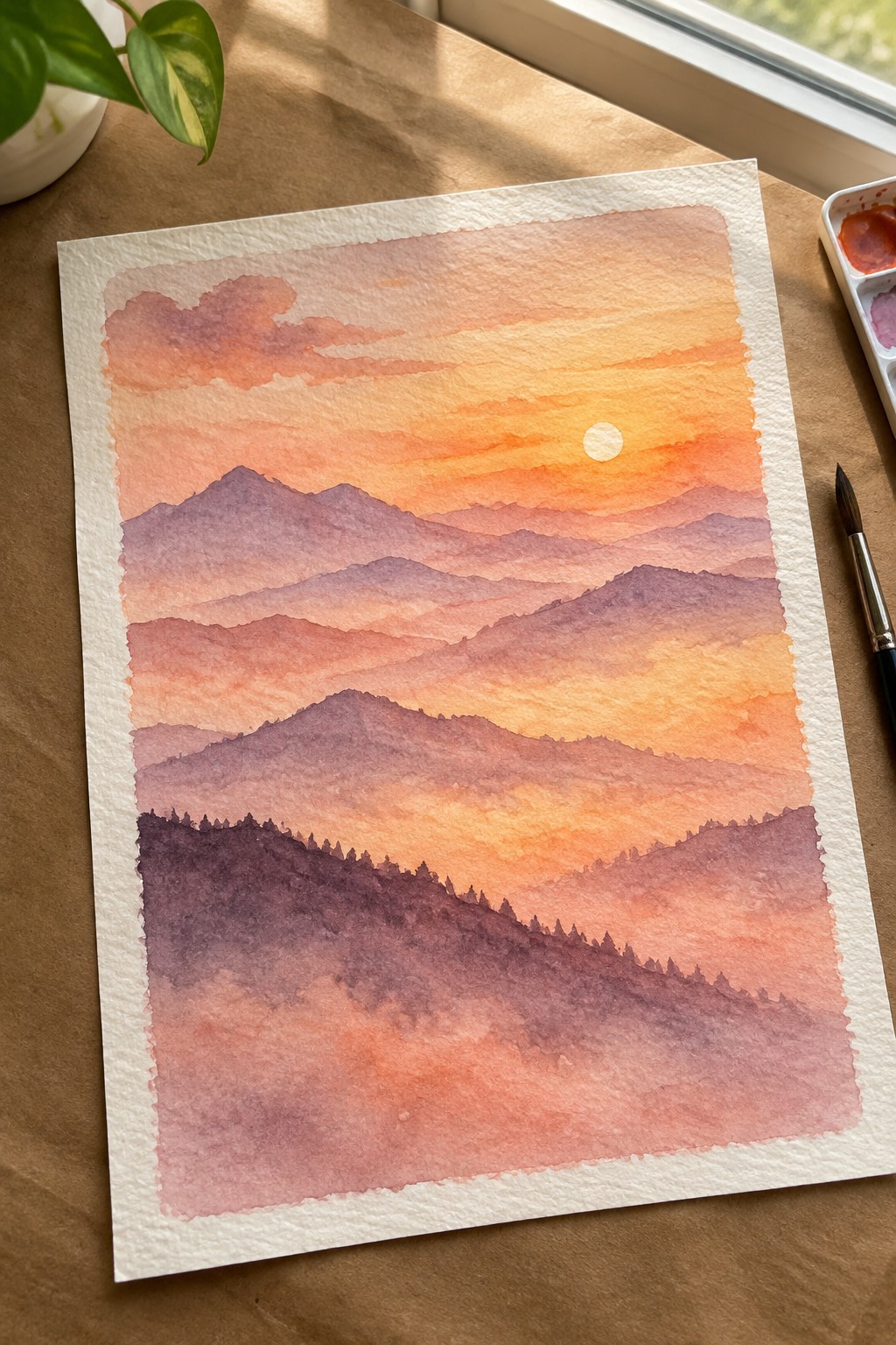 Watercolor sunset over layered purple mountains with orange sky, sun, and pine silhouettes on table