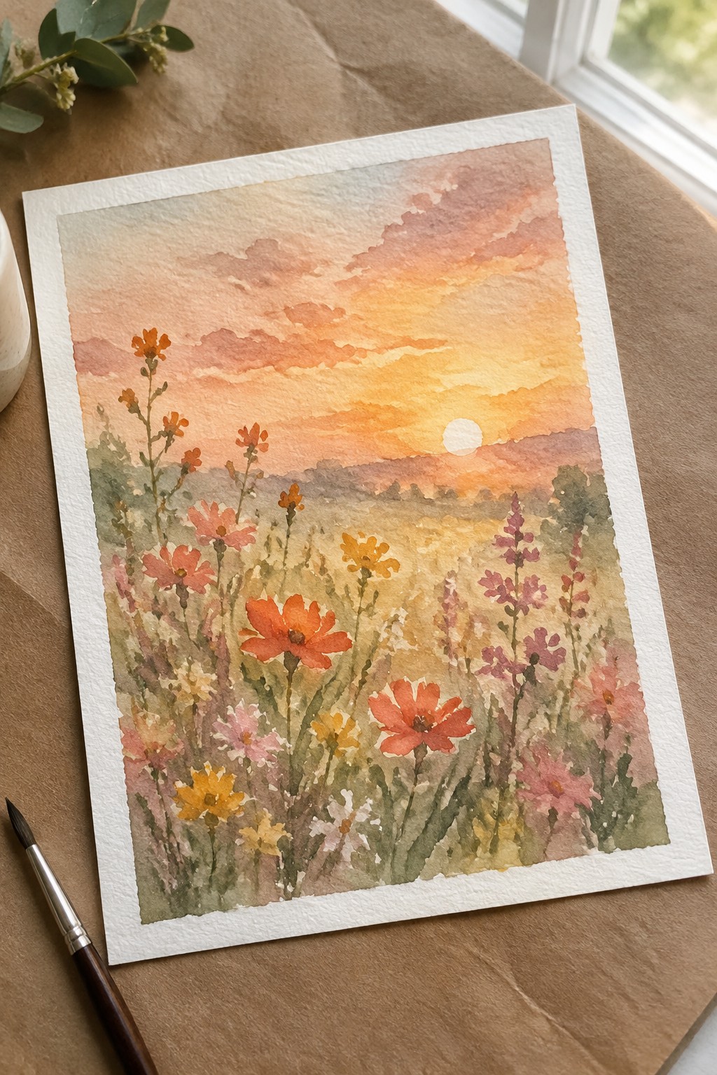 Watercolor painting of colorful wildflowers blooming under orange sunset sky with paintbrush nearby