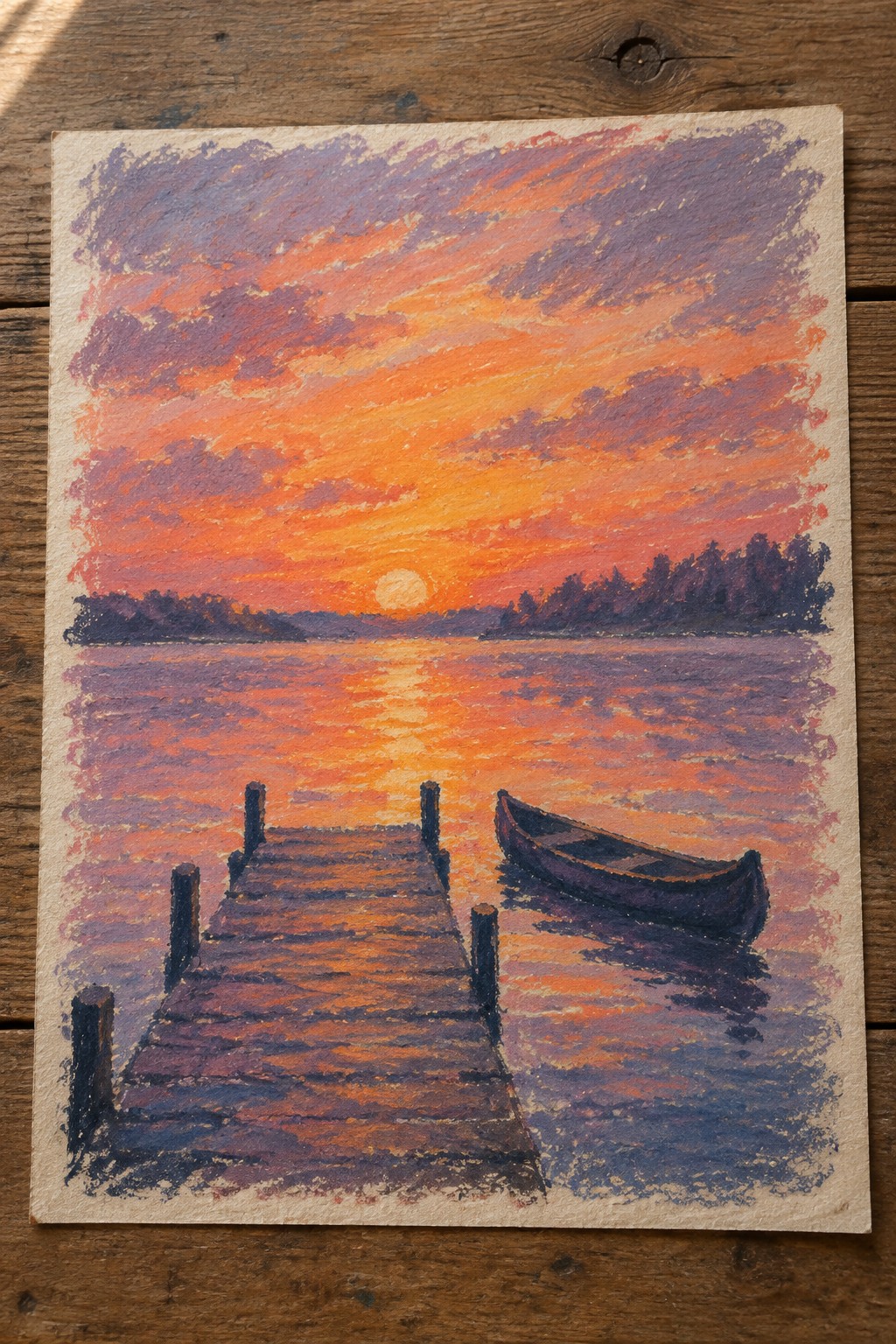 Vibrant sunset painting of wooden dock, boat on reflective orange water.