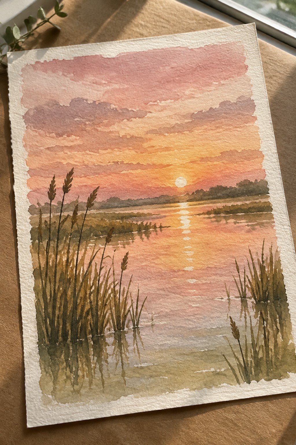 Watercolor sunset over marsh with pink-orange sky, glowing sun, and reflected reeds