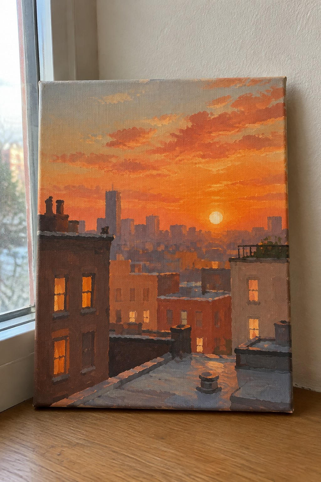 City rooftop painting at orange sunset with glowing windows and distant skyline.