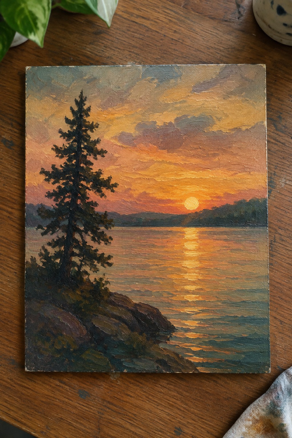 Oil painting of sunset over lake with tall pine tree on rocky shore