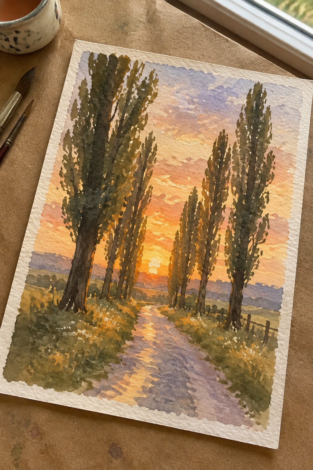 Watercolor of sunset path through tall trees, paintbrush and cup nearby
