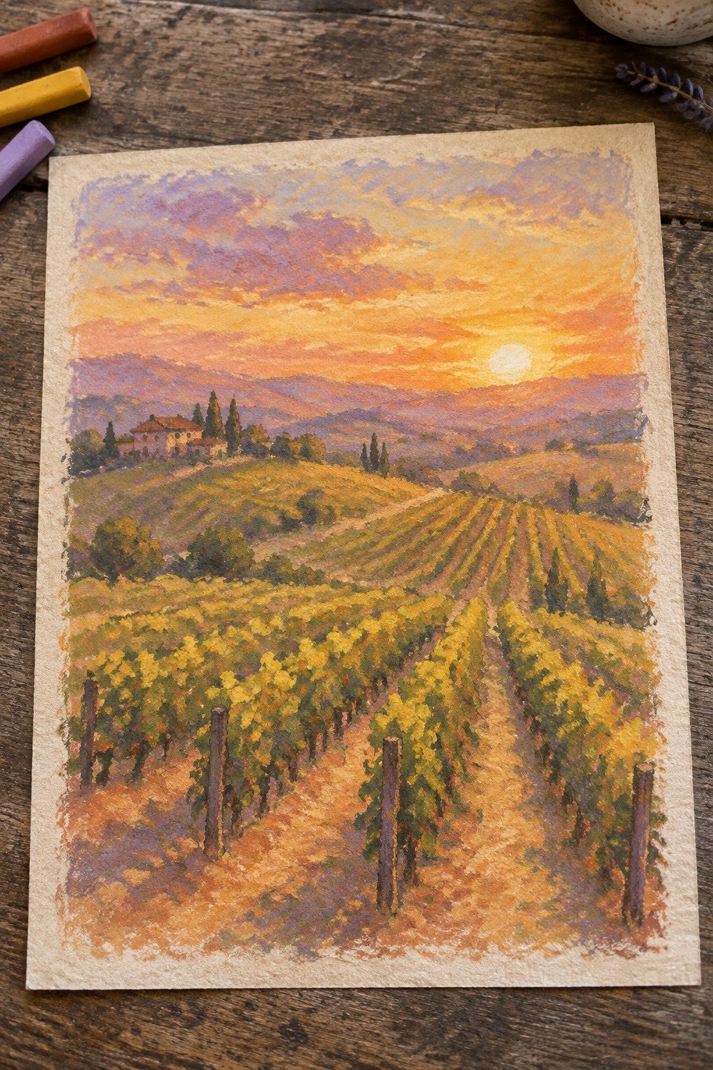 Pastel landscape of vineyard rows at sunset with villa and purple hills