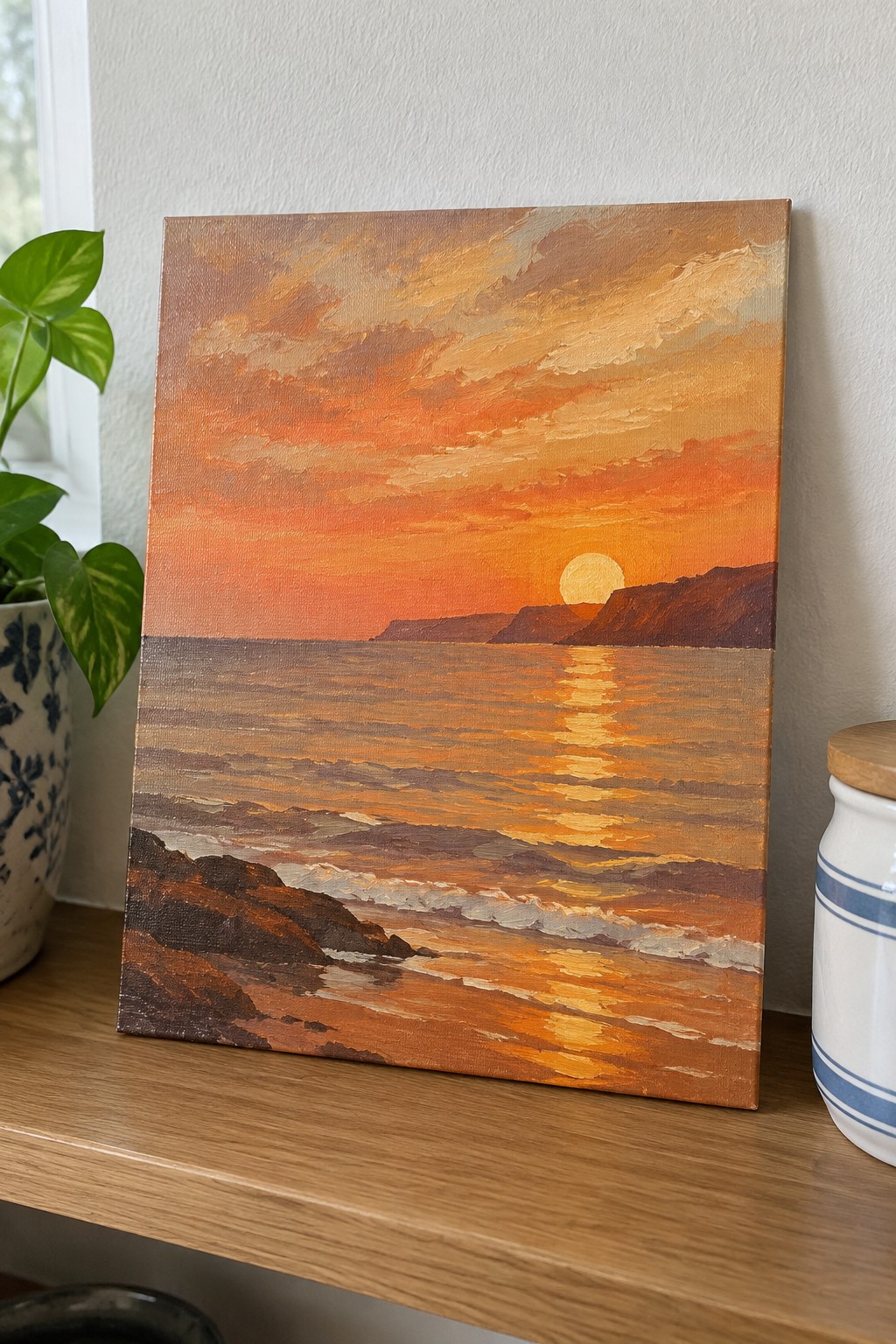A painting of an orange sunset over the ocean with waves, rocks in the foreground, and cliffs on the right.