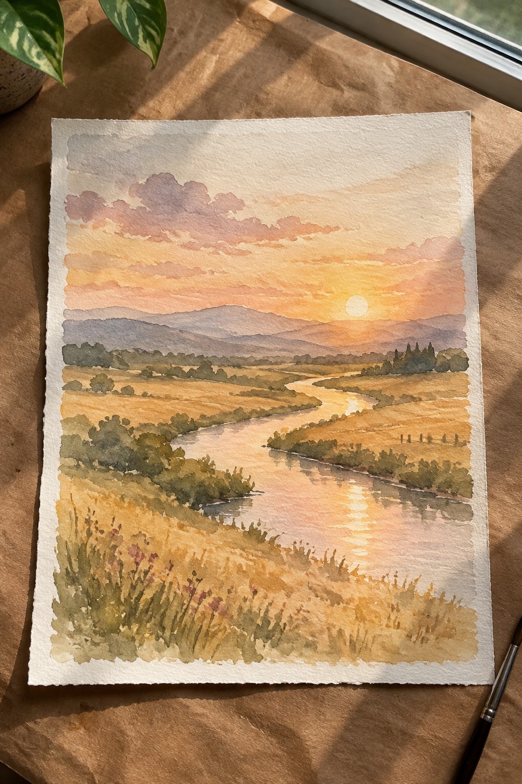 Watercolor sunset landscape of winding river through golden fields with distant mountains