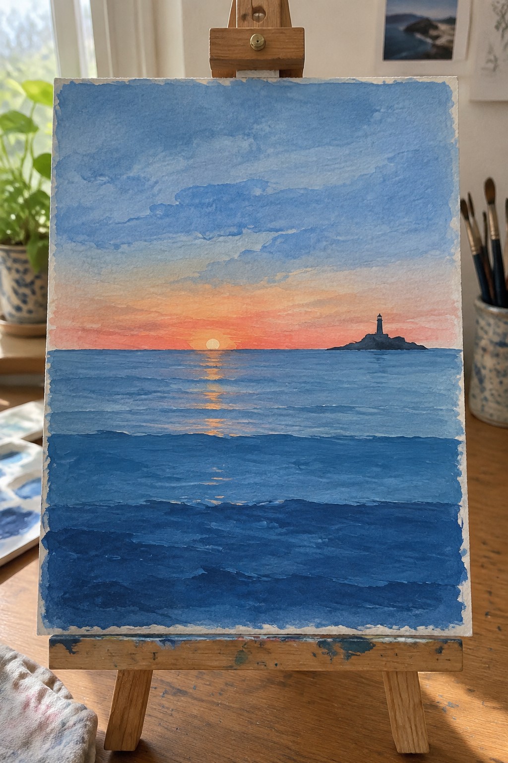 Watercolor sunset seascape with lighthouse on wooden easel in studio