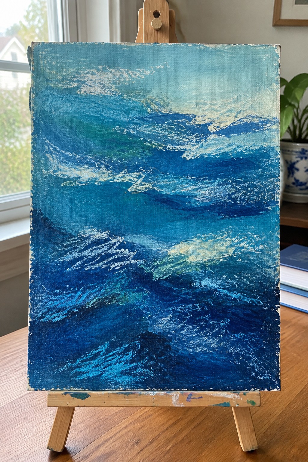 Impressionistic painting of turbulent blue ocean waves on wooden easel in room