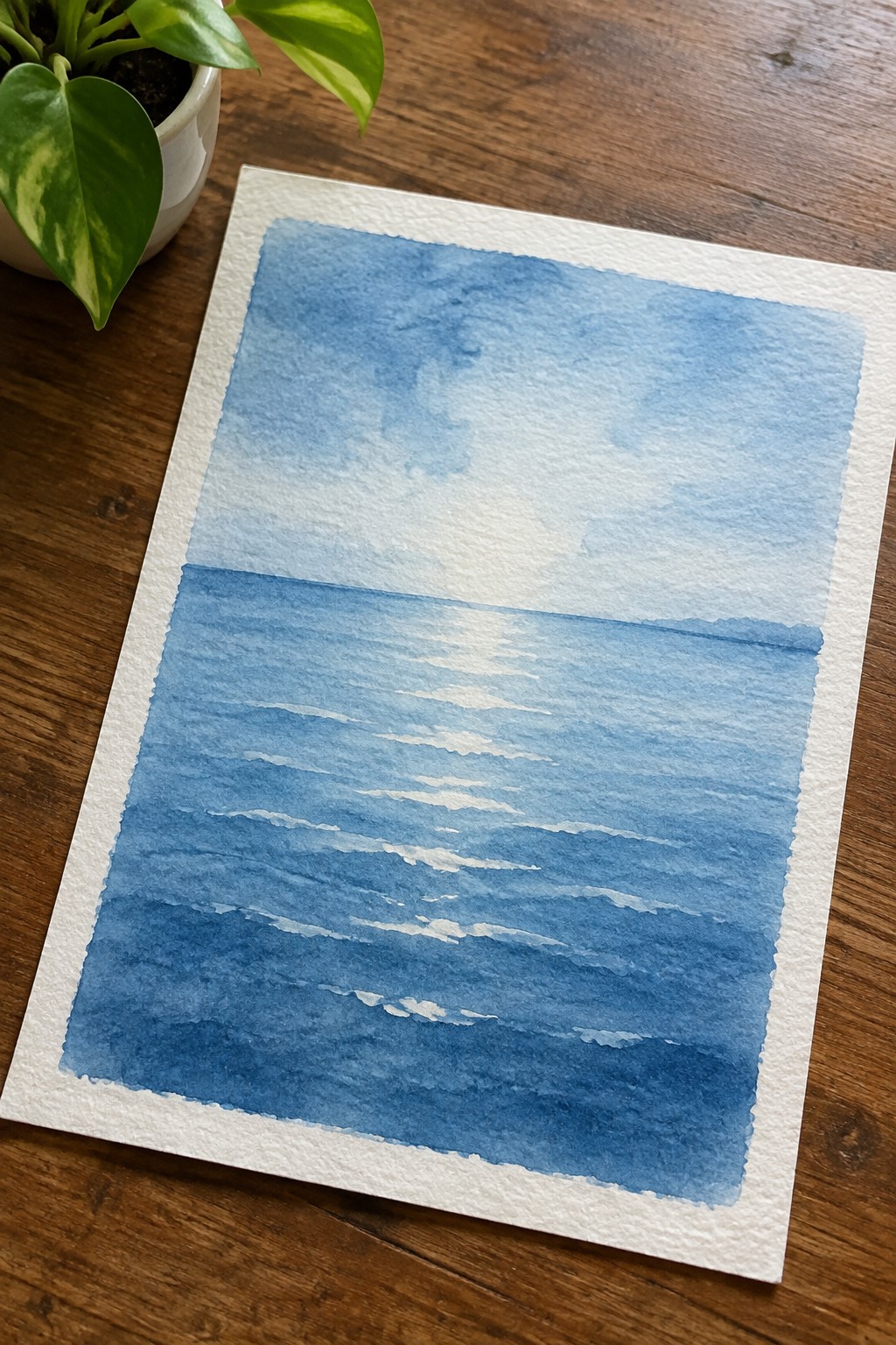 Watercolor seascape of blue ocean waves with light reflection on paper beside potted plant