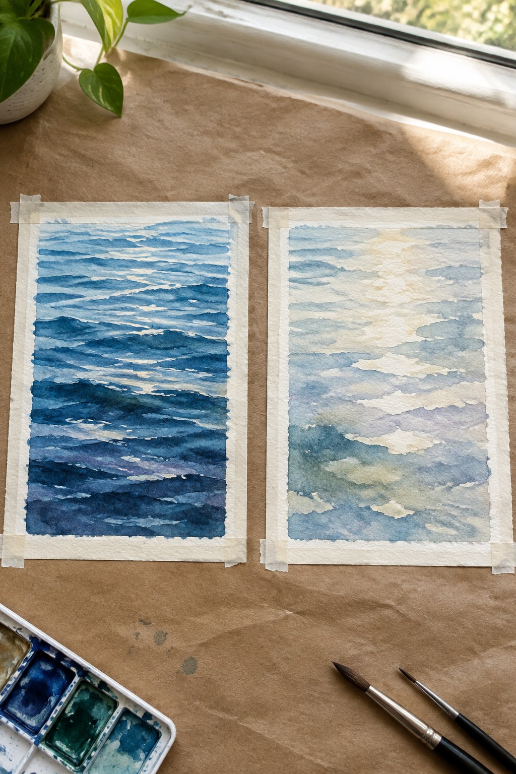 Two watercolor ocean paintings taped beside palette, brushes, and potted plant on paper.