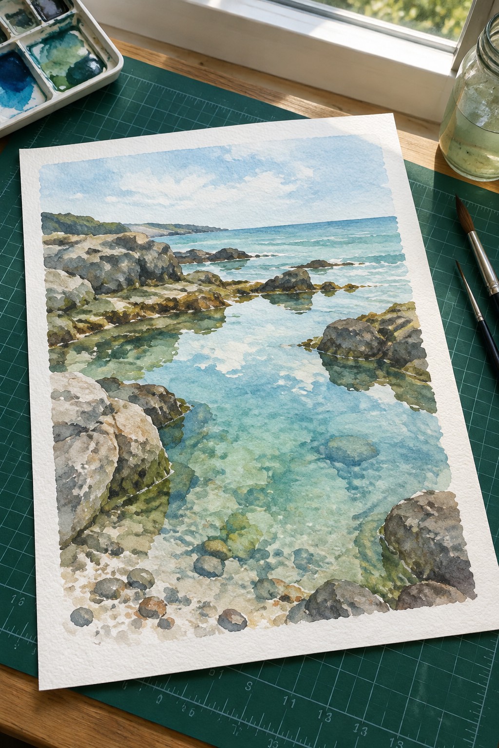 Watercolor painting of rocky turquoise cove on desk with palette, brushes, and jar
