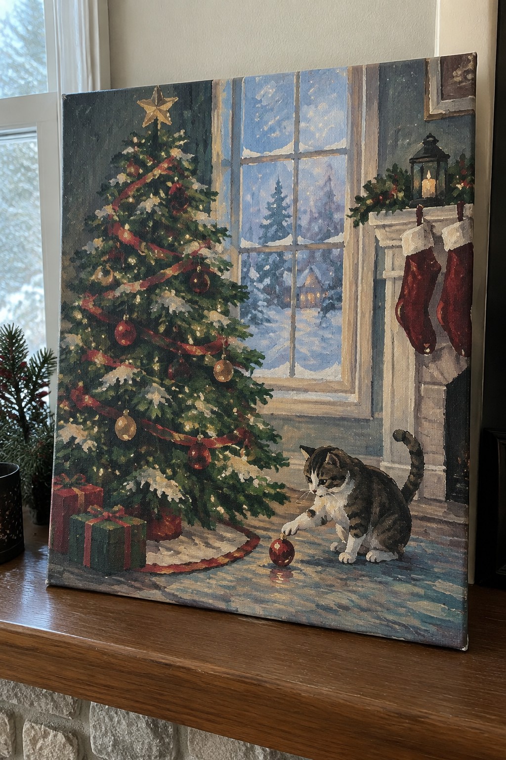 Tabby cat paws at red ornament near decorated Christmas tree and fireplace in winter scene