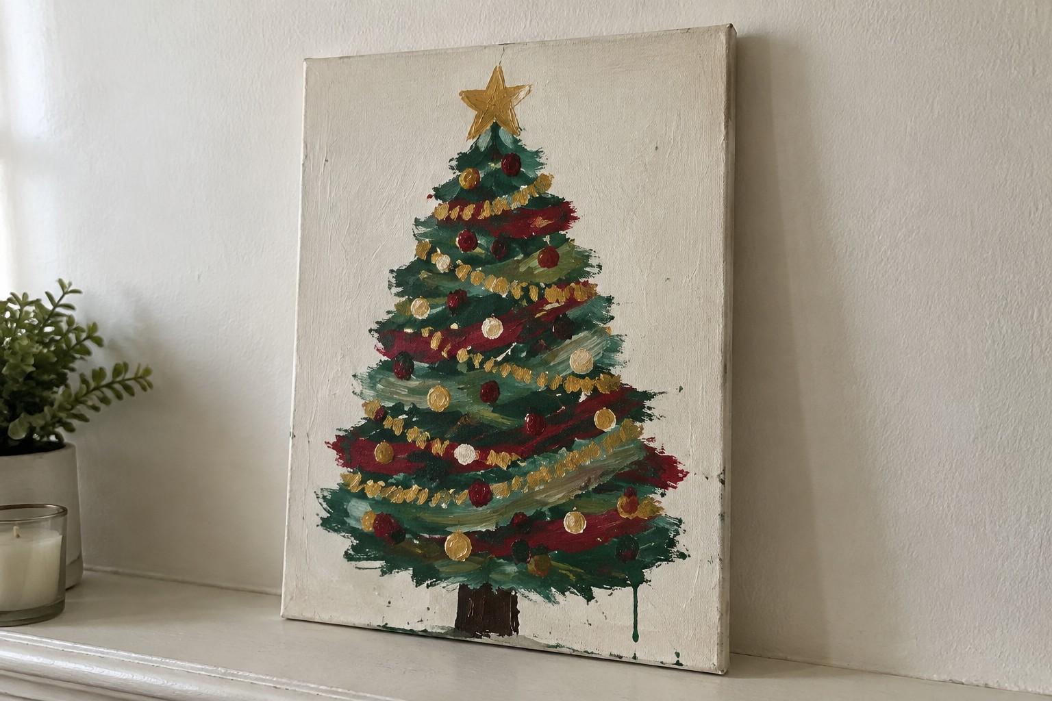 Abstract Christmas tree painting on canvas with gold star and red ornaments
