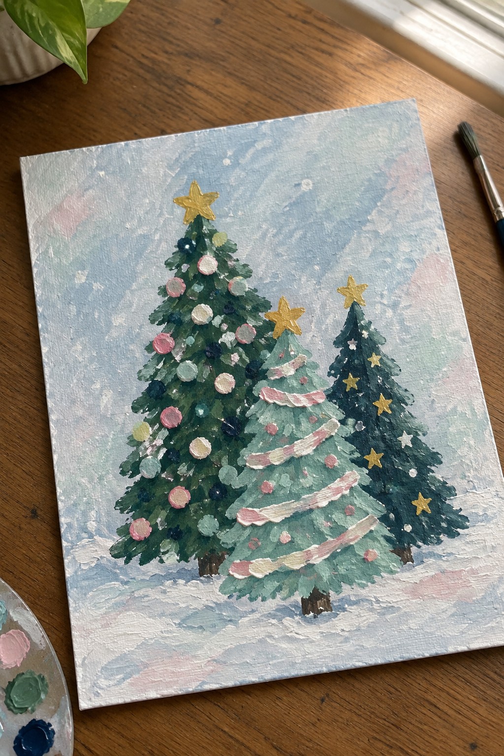 Three decorated Christmas trees with gold stars and pink ornaments on canvas