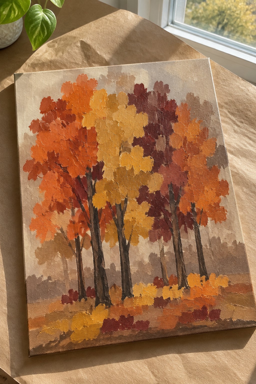 Vibrant autumn trees painting with thick orange, yellow, and red foliage on canvas