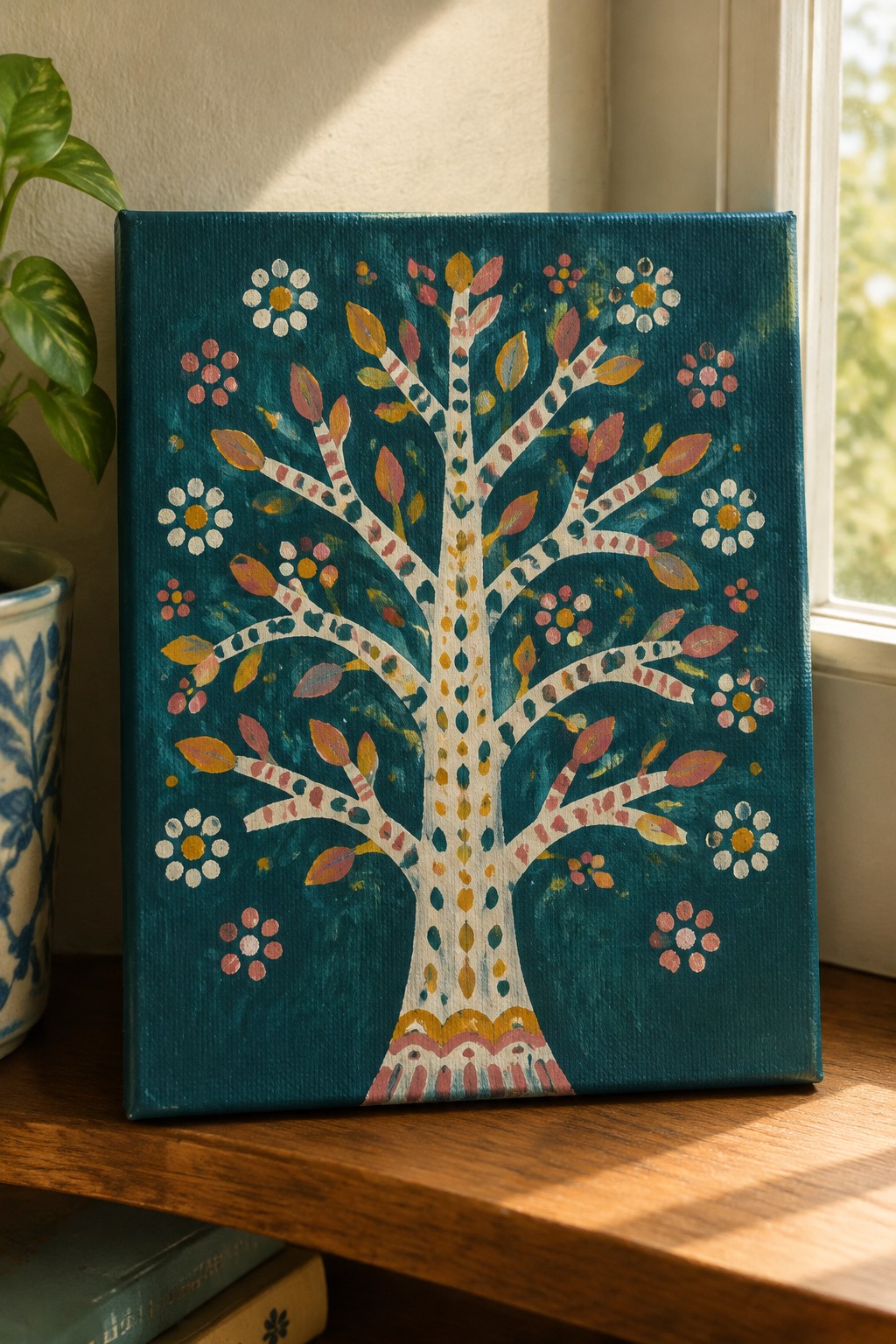 Colorful folk-art tree painting on teal canvas beside potted plant on wood