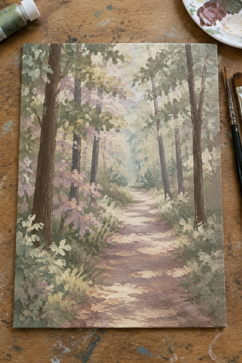Forest path painting on canvas with paintbrushes, palette, and supplies on wooden table.