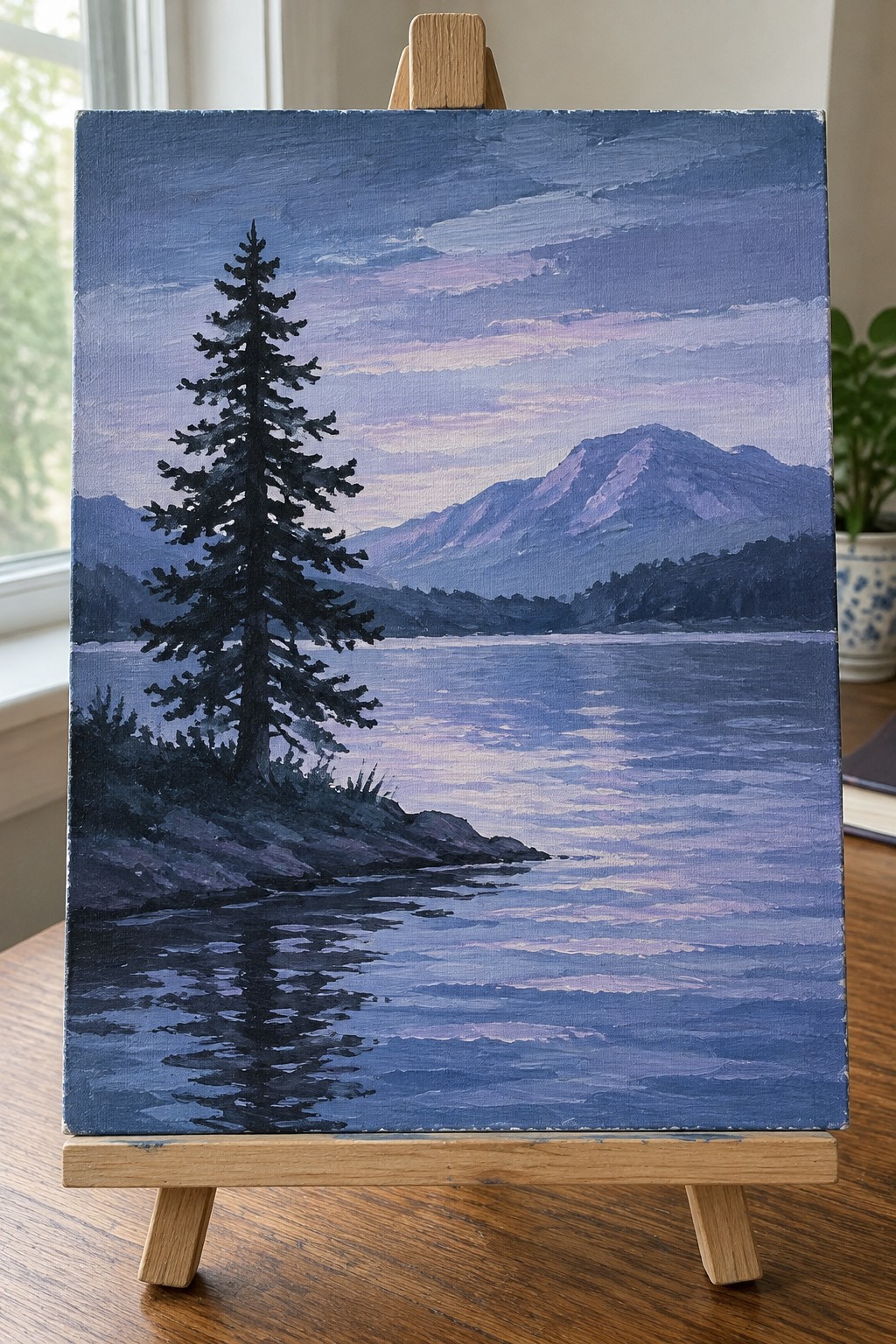 Realistic landscape painting on easel of pine tree by reflective lake with purple mountains.