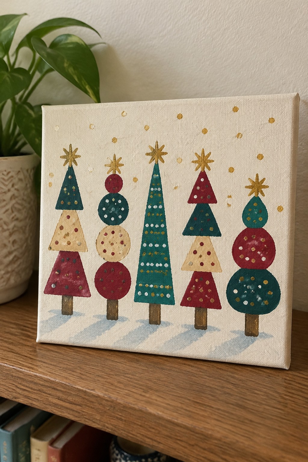 Five colorful abstract Christmas trees with gold stars on white canvas