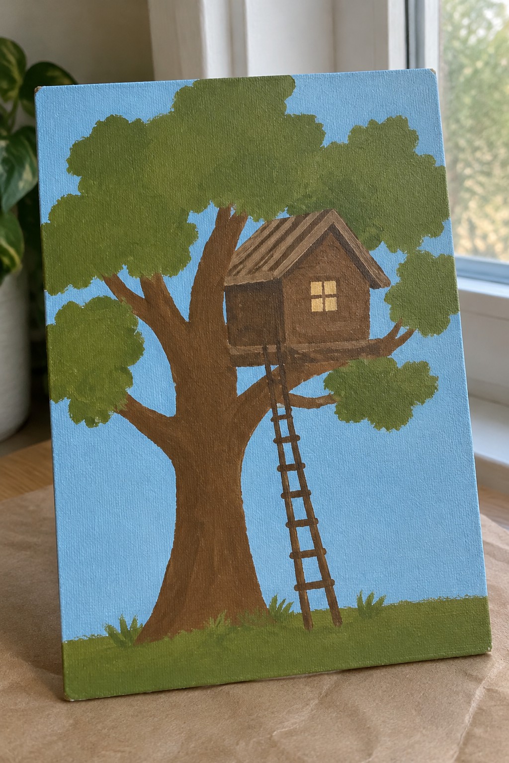 Brown tree with green leaves holds wooden treehouse and ladder under blue sky