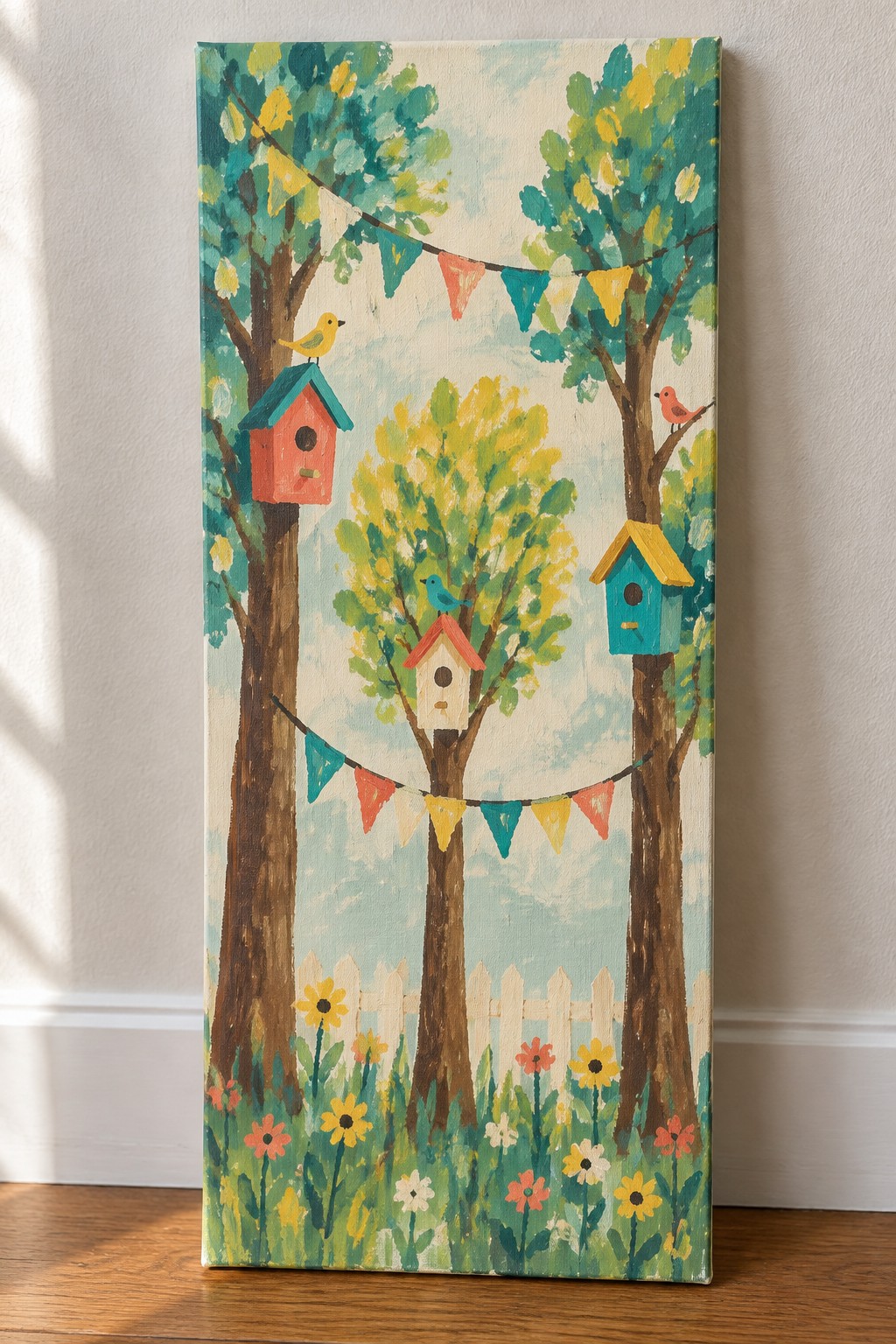 Colorful painting of trees with birdhouses, birds, bunting flags, and flowers