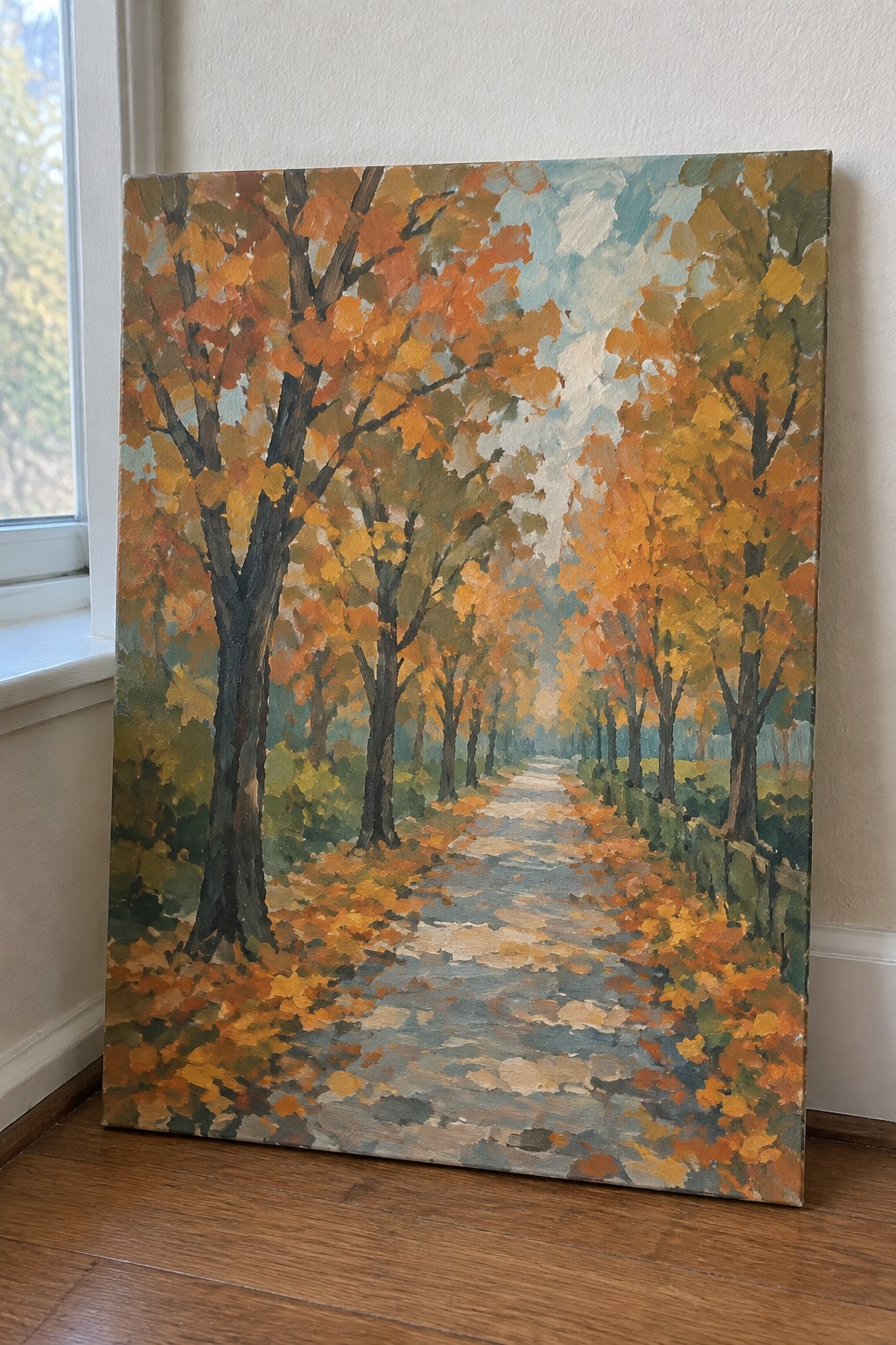 Vibrant painting of a leaf-strewn path through tall autumn trees with orange foliage