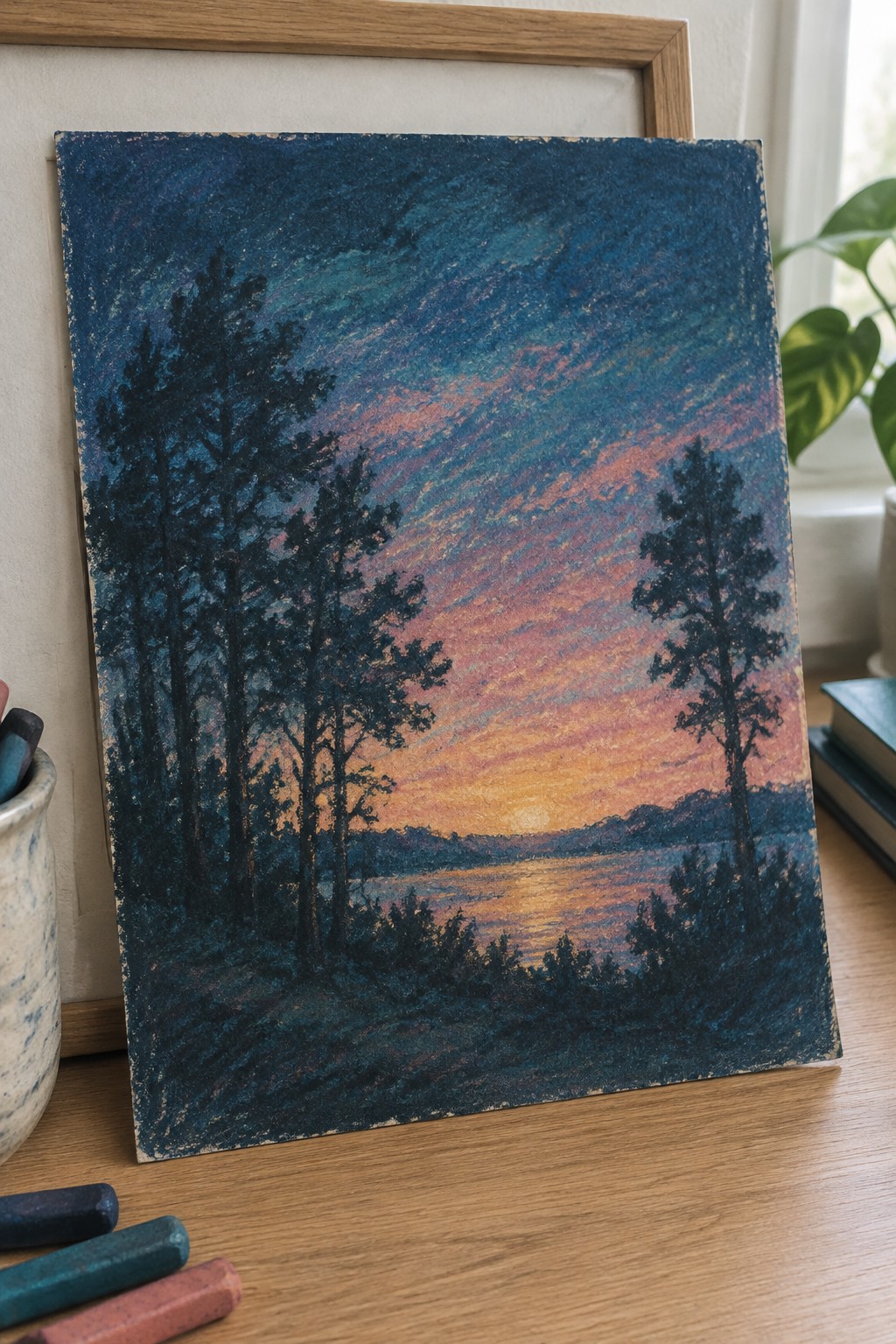 Framed pastel sunset landscape with silhouetted pines over glowing lake on wooden table