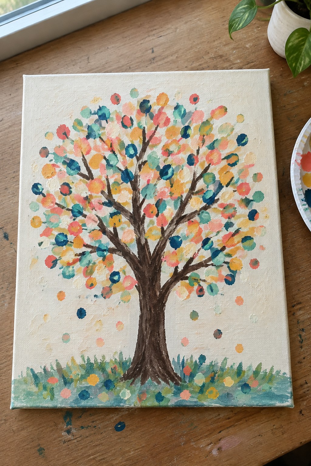 Colorful dotted tree painting with brown trunk and vibrant foliage on white canvas