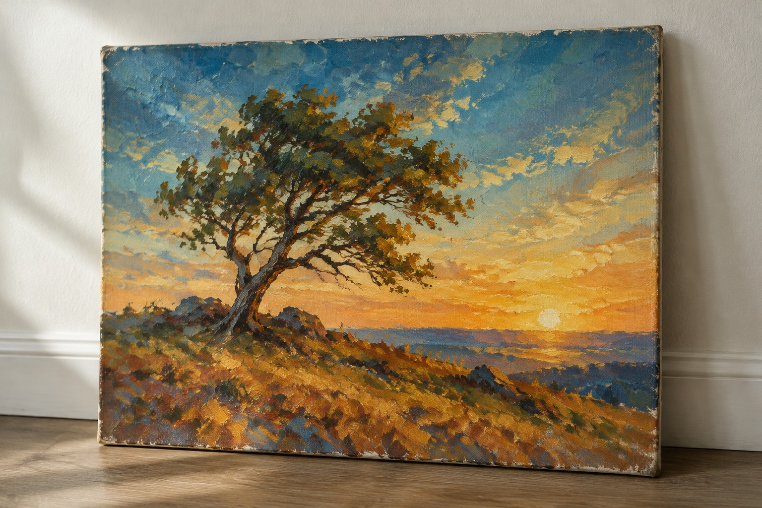 Vibrant impasto painting of lone golden tree on rocky hill at sunset