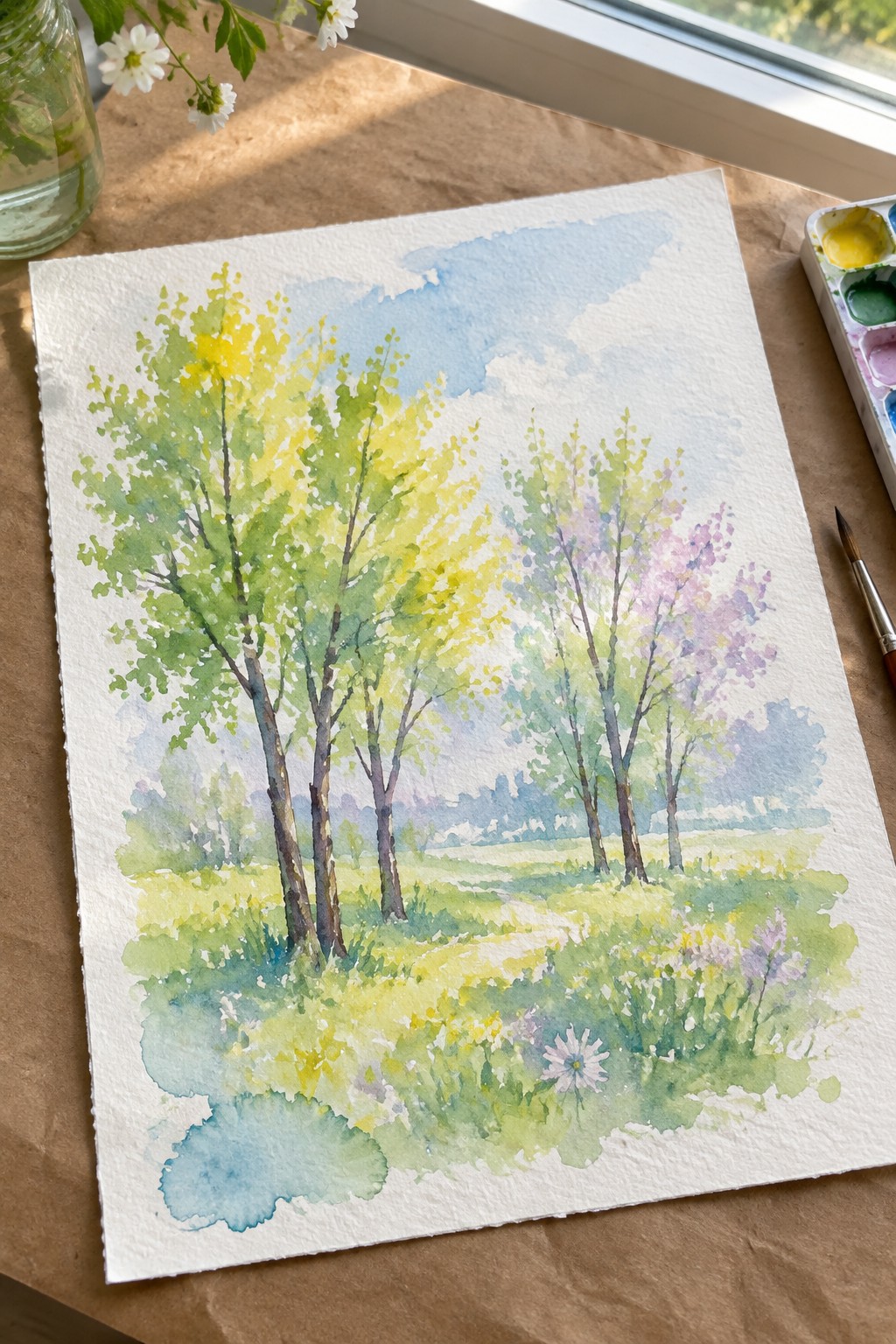 Watercolor landscape of green trees in a meadow with paint palette and brush nearby.